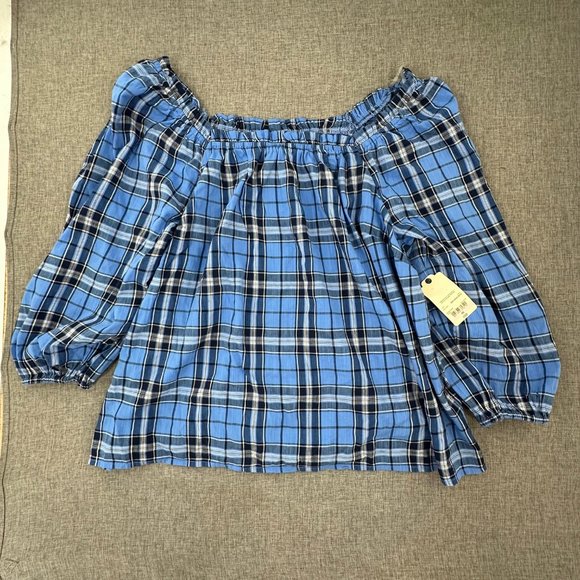 Brand New! St Johns Bay Peasant Top Blue Plaid Size OX Cotton & Rayon MSRP: $50 - Picture 1 of 9